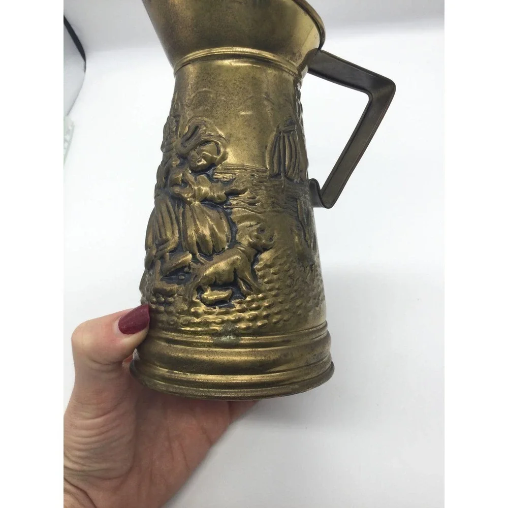 Vintage 8” brass pitcher windmill England dog‎ sailboat chicken street country